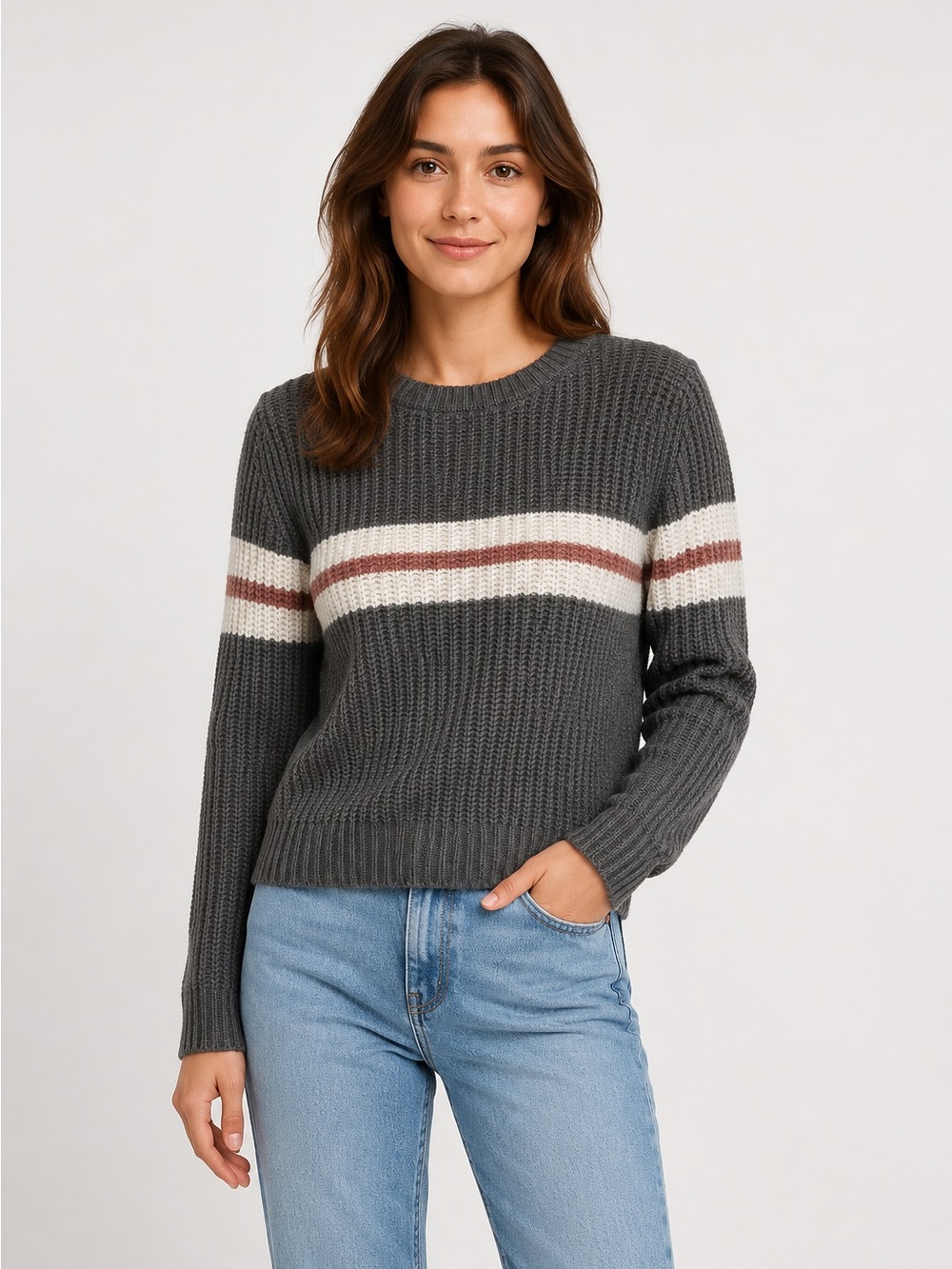 Women’s Pink Rose, Size Medium, knit sweater, Gray pink white stripes